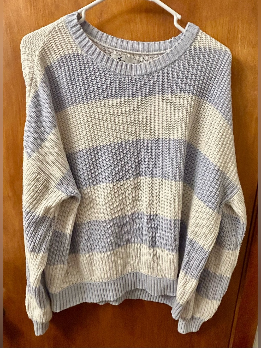 Hollister Blue and Cream Striped Crewneck Sweater